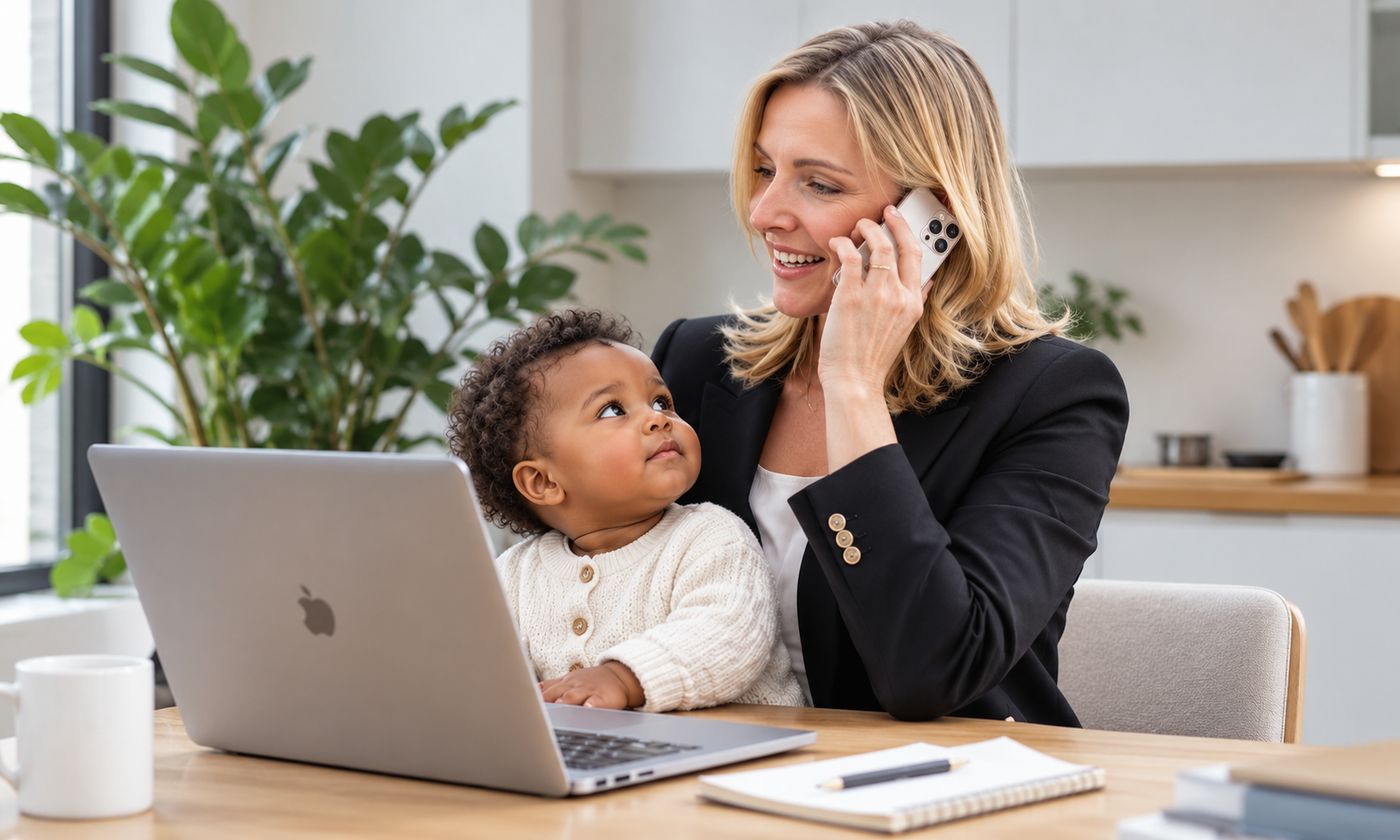 A mother in a black blazer on a phone call at her laptop, her toddler on her lap looking up at her